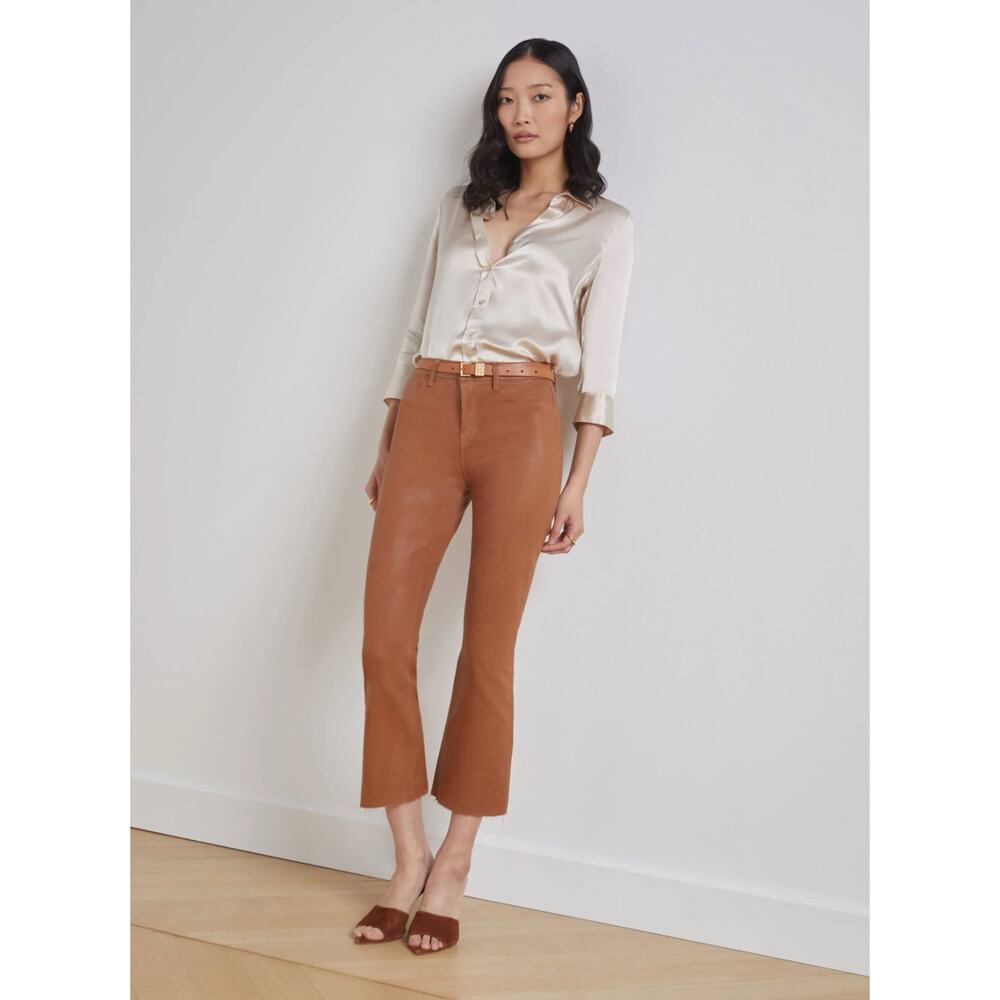 L’Agence Kendra High Rise Cropped Flare Jean Java Coated Cognac Brown 28